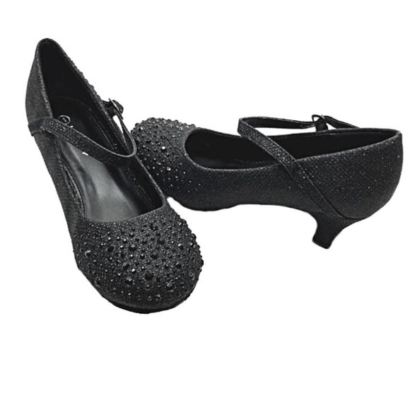 Lucky Top Kid Girls Sparkling Mary Jane Rhinestone Black Glitter Dress Shoes - Picture 2 of 7